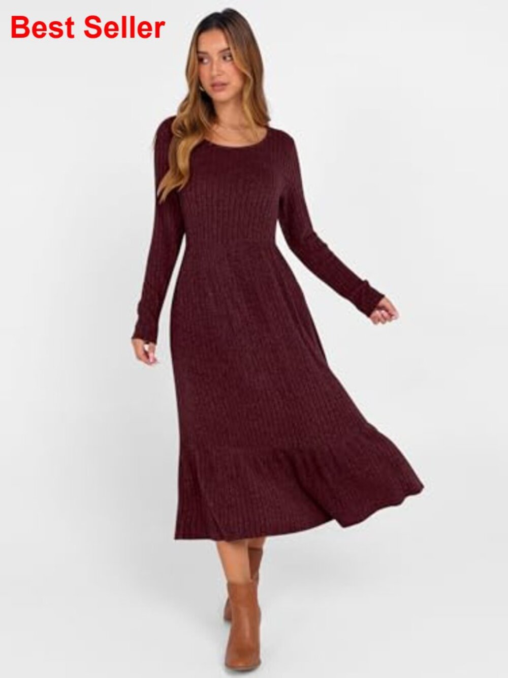 Rib Knit Crew Neck Long Sleeve Midi Dress with Pockets - Picture 4 of 7
